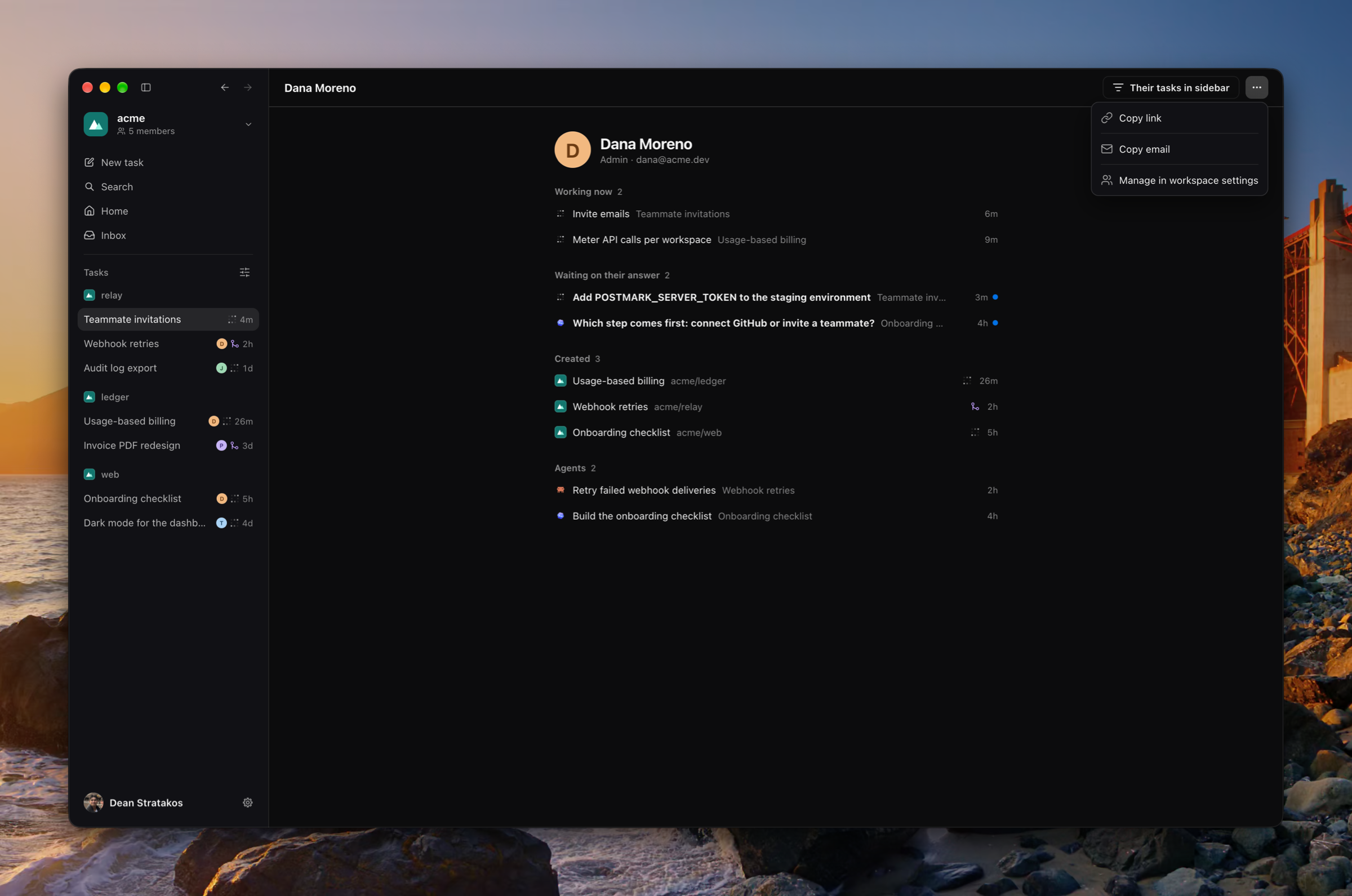 Dana Moreno's page in acme: what she has working now, two questions waiting on her answer, the tasks she created, and her other agents, its ⋯ menu open on Copy link.